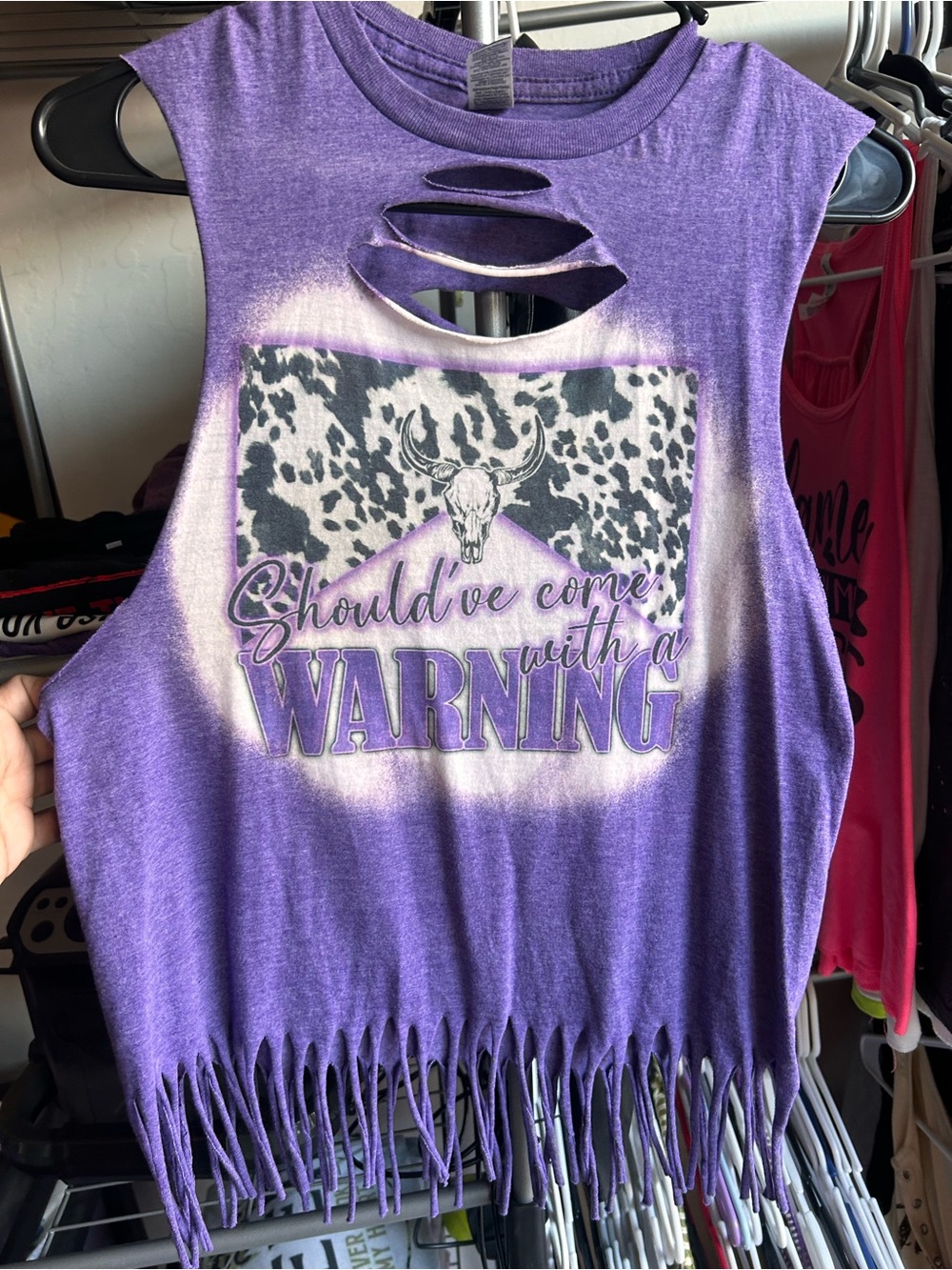 Gildan Purple Graphic Fringe Tank Top with Cutout Neck